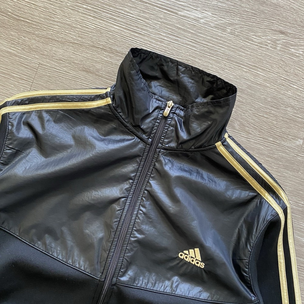 Adidas Black and Gold Track Jacket Men's L 3 Stripes Y2K Streetwear Full Zip
